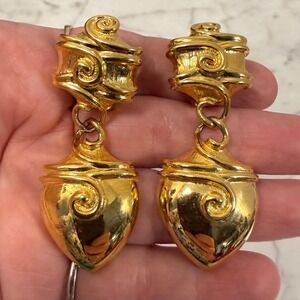 Chunky Gold Gilt Etruscan Dangle Clip On Earrings Bold 80s Runway Couture